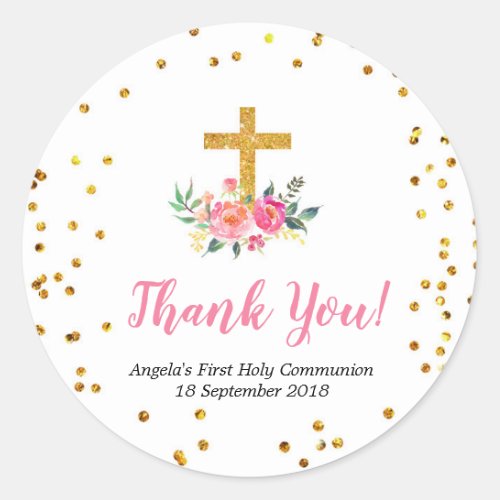 Pink Gold Floral Baptism Thank You Sticker