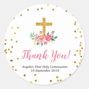 Pink Gold Floral Baptism Thank You Sticker