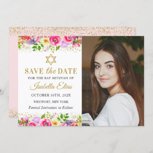 Pink Gold Floral Bat Mitzvah Photo Save The Date