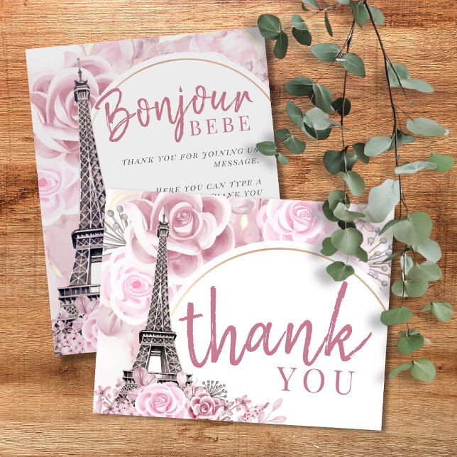 Pink Gold Floral Bonjour Bebe Baby Shower Flat Thank You Card (Creator Uploaded)