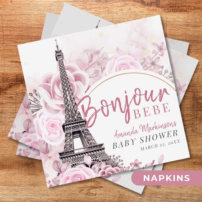 Pink Gold Floral Bonjour Bebe Baby Shower Napkins (Creator Uploaded)