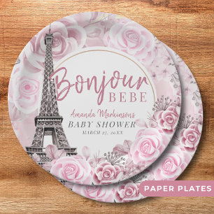Pink Gold Floral Bonjour Bebe Baby Shower Paper Plates