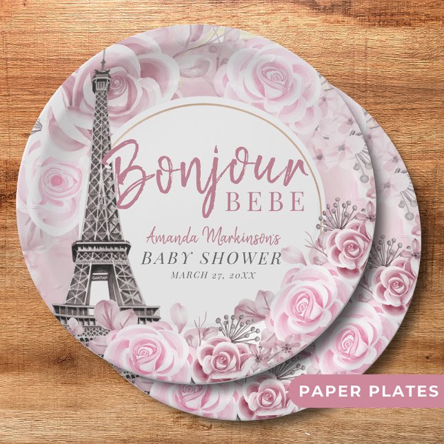 Pink Gold Floral Bonjour Bebe Baby Shower Paper Plates (Creator Uploaded)