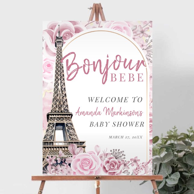 Pink Gold Floral Bonjour Bebe Baby Shower Welcome Foam Board (Creator Uploaded)