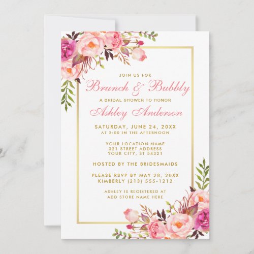 Pink Gold Floral Bridal Shower Brunch Invitation