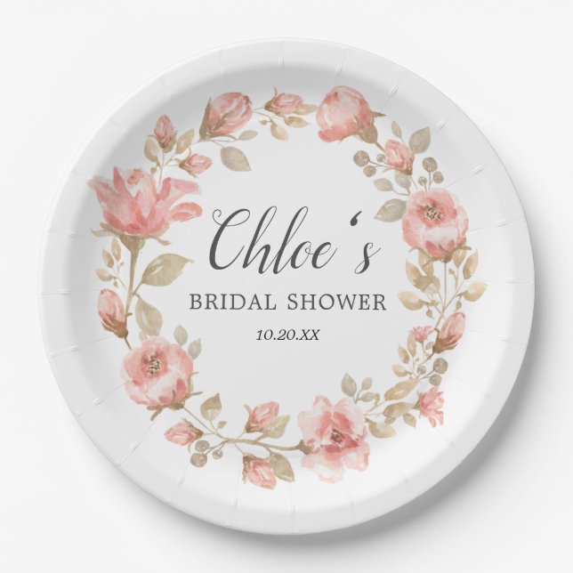 Pink Gold Floral Bridal Shower Paper Plates (Front)