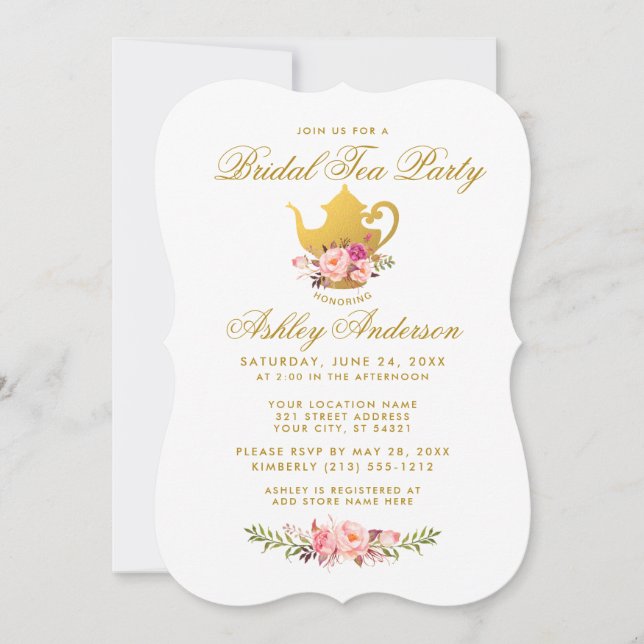 Pink Gold Floral Bridal Shower Tea Party Invite B (Front)