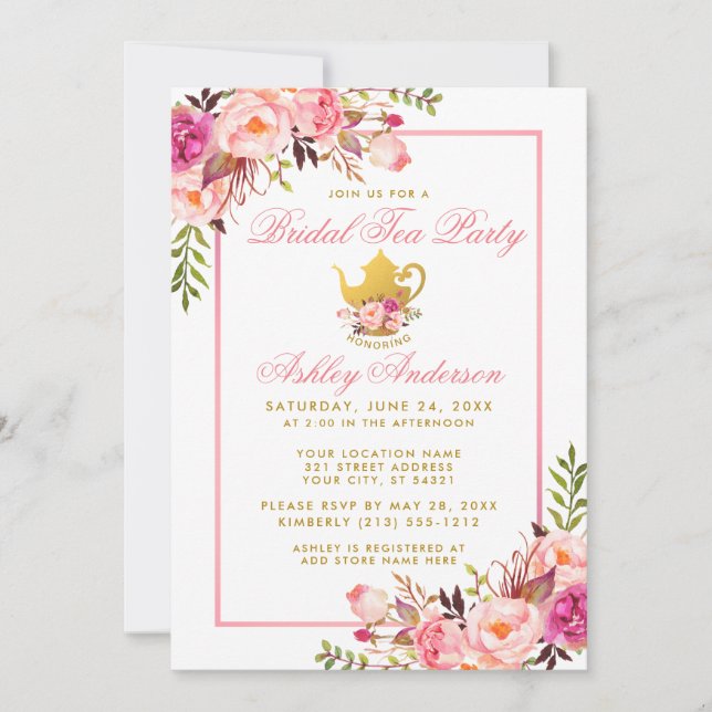 Pink Gold Floral Bridal Shower Tea Party Invite PS (Front)