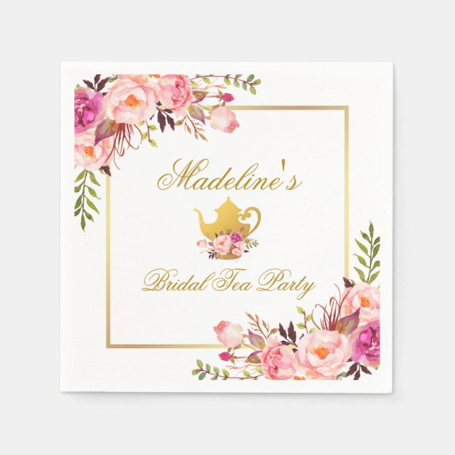 Pink Gold Floral Bridal Shower Tea Party Napkins (Front)