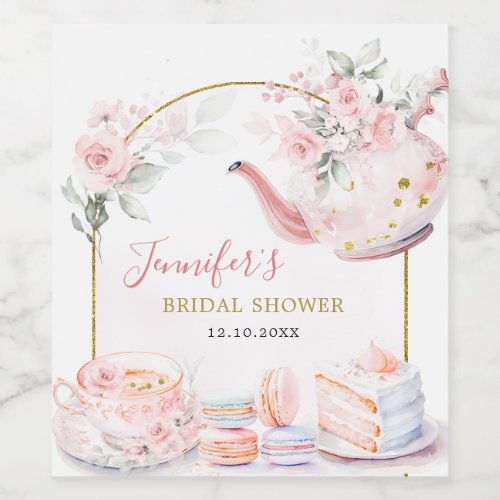 Pink Gold Floral Bridal Shower Tea Party Wine Label