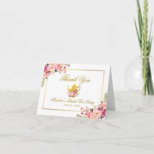 Pink Gold Floral Bridal Tea Party Thanks Note Thank You Card