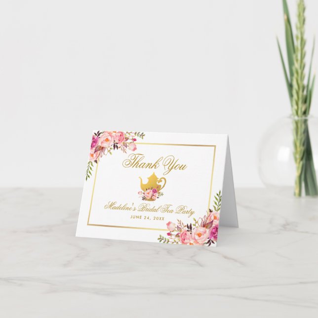 Pink Gold Floral Bridal Tea Party Thanks Note Thank You Card (Front)