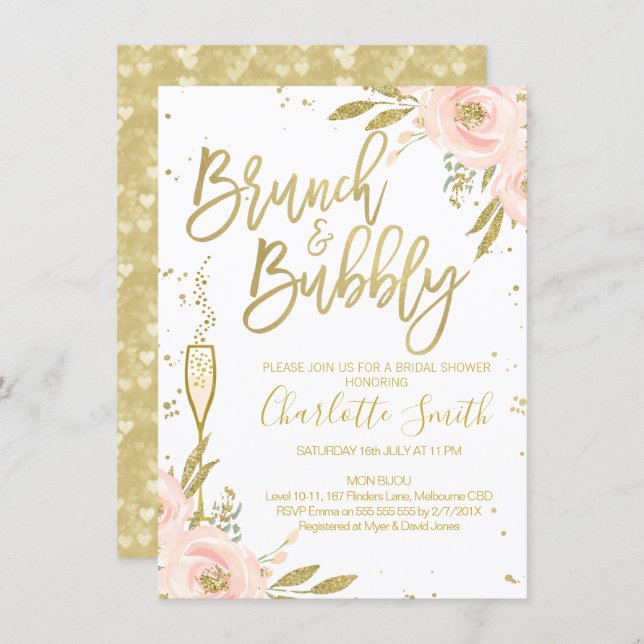 Pink Gold Floral Brunch Bridal Shower Invitation (Front/Back)