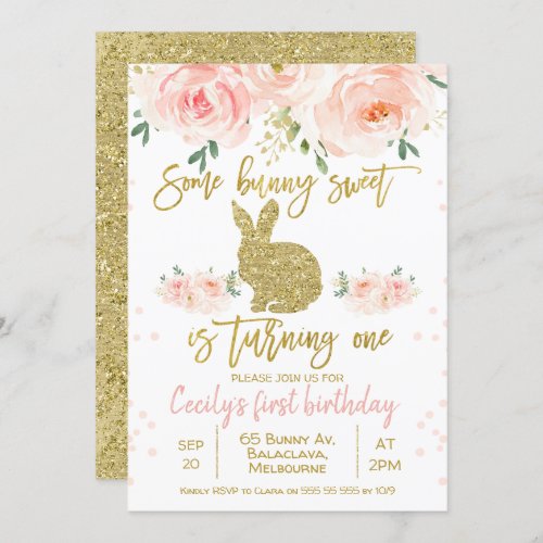 Pink gold floral bunny 1st Birthday Invitation