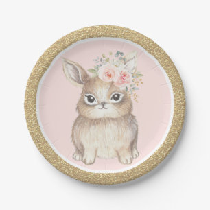 Pink Gold Floral Bunny Rabbit Baby Shower Birthday Paper Plates