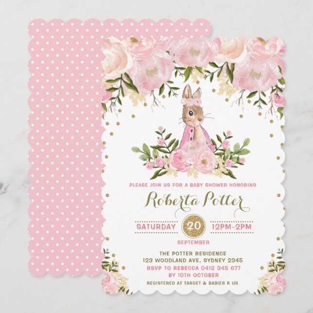 Pink Gold Floral Bunny Rabbit Baby Shower Invite (Front/Back)