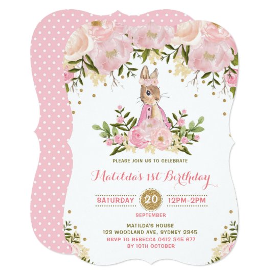 Pink Gold Floral Bunny Rabbit Birthday Invitation Zazzle Com