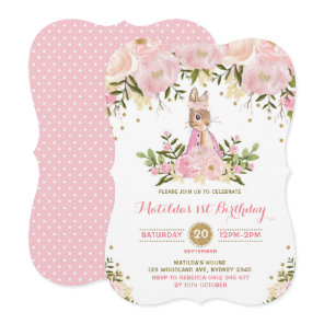 Pink Gold Floral Bunny Rabbit Birthday Invitation