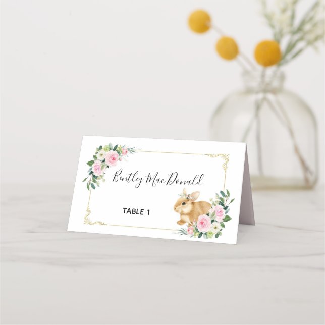 Pink & Gold Floral Bunny Rabbit Easter Place Card (Front)