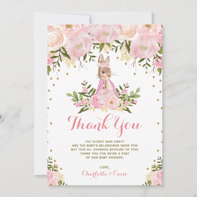 Pink Gold Floral Bunny Rabbit Thank You Card (Front)