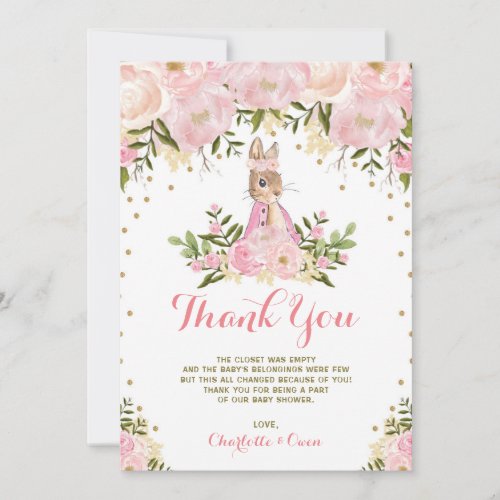 Pink Gold Floral Bunny Rabbit Thank You Card