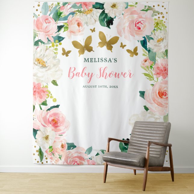 Pink Gold Floral Butterfly Baby Shower Backdrop (In Situ)
