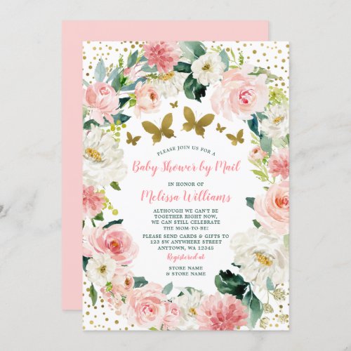 Pink Gold Floral Butterfly Baby Shower By Mail Invitation