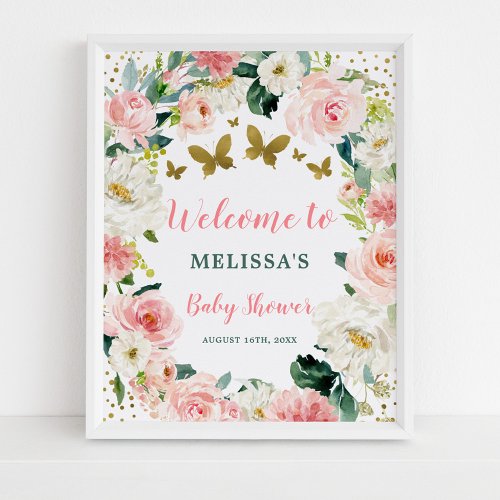 Pink Gold Floral Butterfly Baby Shower Welcome Poster