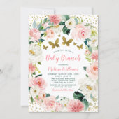 Pink Gold Floral Butterfly Girl Baby Shower Brunch Invitation (Front)