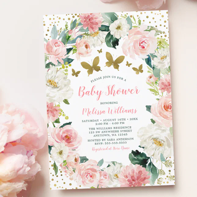 Pink Gold Floral Butterfly Girl Baby Shower Invitation | Zazzle