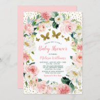 Pink Gold Floral Butterfly Girl Baby Shower Invitation