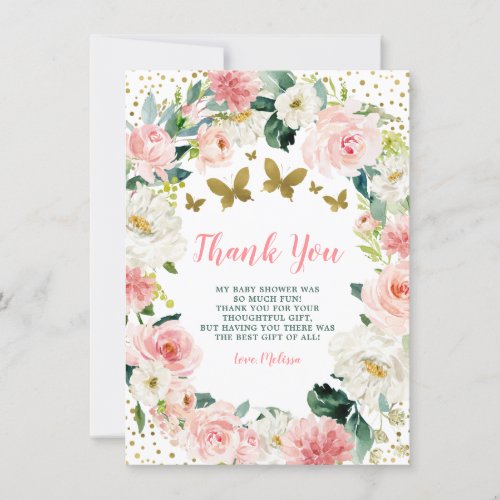 Pink Gold Floral Butterfly Girl Baby Shower Thank You Card