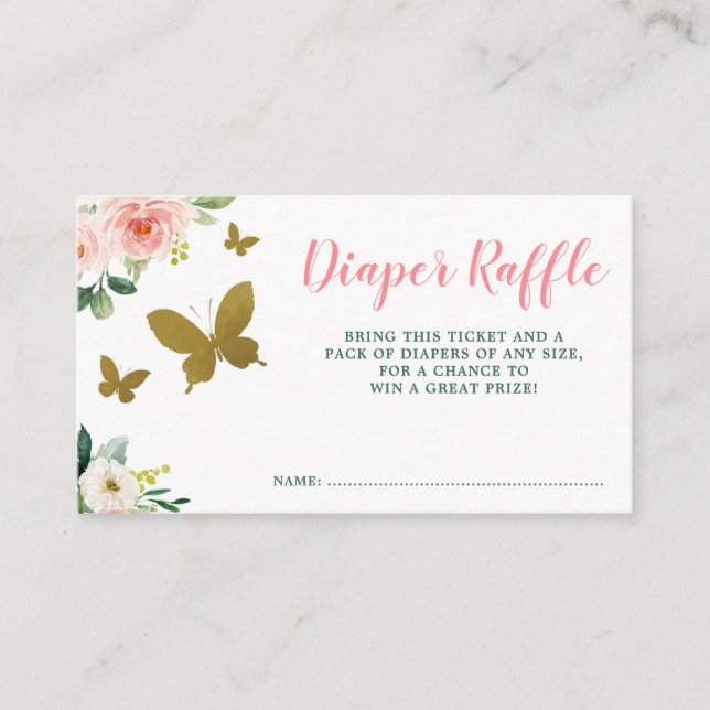 Pink Gold Floral Butterfly Girl Diaper Raffle Enclosure Card (Front)