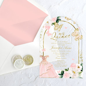 Pink Gold Floral Butterfly Quinceañera  Acrylic Invitations