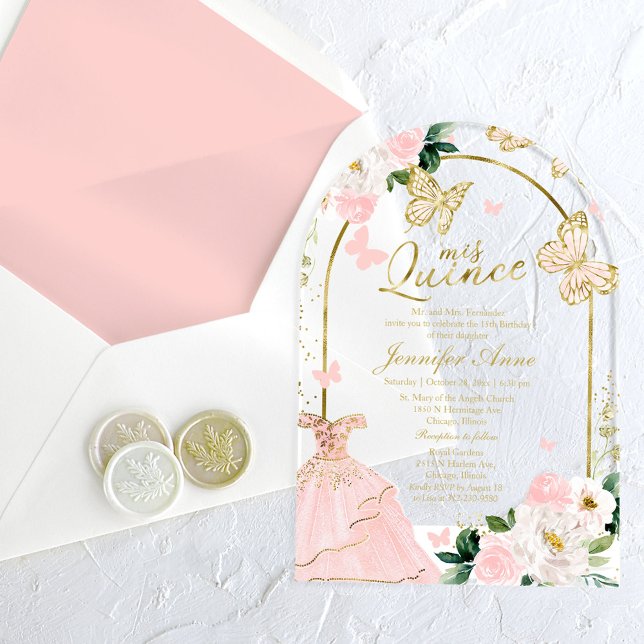 Pink Gold Floral Butterfly Quinceañera  Acrylic Invitations (Creator Uploaded)