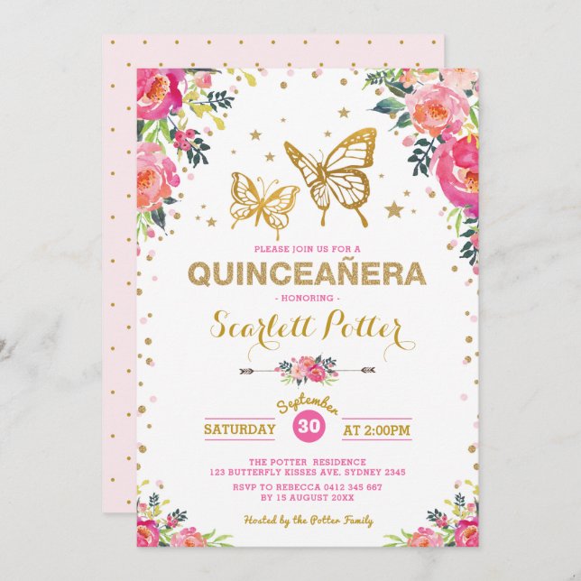 Pink Gold Floral Butterfly Quinceañera  Birthday Invitation (Front/Back)