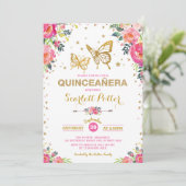 Pink Gold Floral Butterfly Quinceañera  Birthday Invitation (Standing Front)