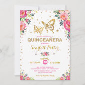 Pink Gold Floral Butterfly Quinceañera  Birthday Invitation (Front)