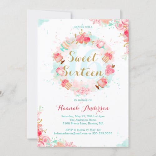 Pink Gold Floral Cake Wreath Sweet Sixteen Invite