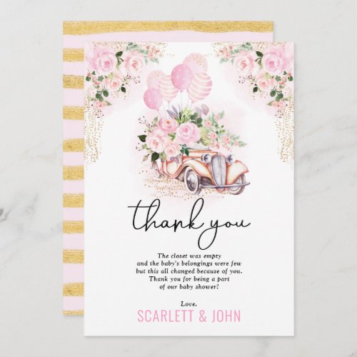 Pink Gold Floral Car Drive By Baby Girl Shower Thank You Card
