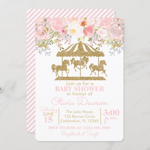 Pink  Gold Floral Carousel Girl Baby Shower Invitation