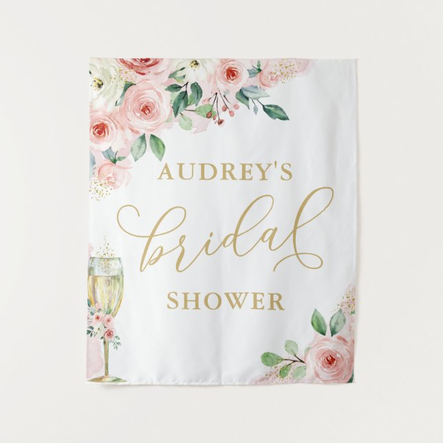 Pink Gold Floral/Champagne Glass Shower Backdrop (Front)
