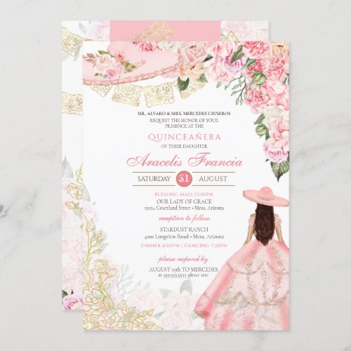 Pink  Gold Floral Charra Western Quinceanera Invitation