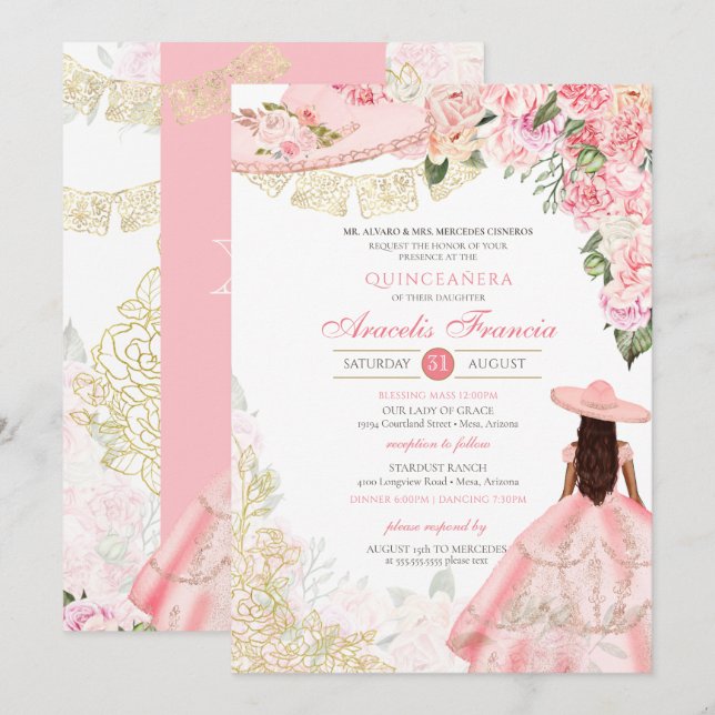 Pink & Gold Floral Charra Western Quinceanera Invitation (Front/Back)