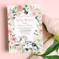 Pink Gold Floral Cow Girl Baby Shower Invitation