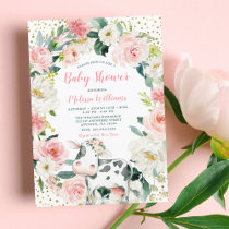 Pink Gold Floral Cow Girl Baby Shower Invitation