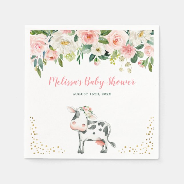 Pink Gold Floral Cow Girl Baby Shower Napkins (Front)