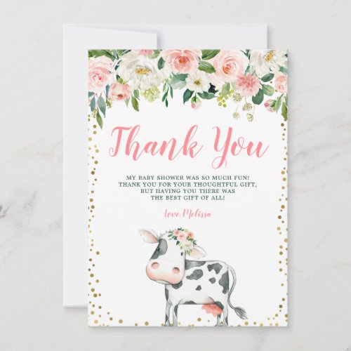 Pink Gold Floral Cow Girl Baby Shower Thank You Card