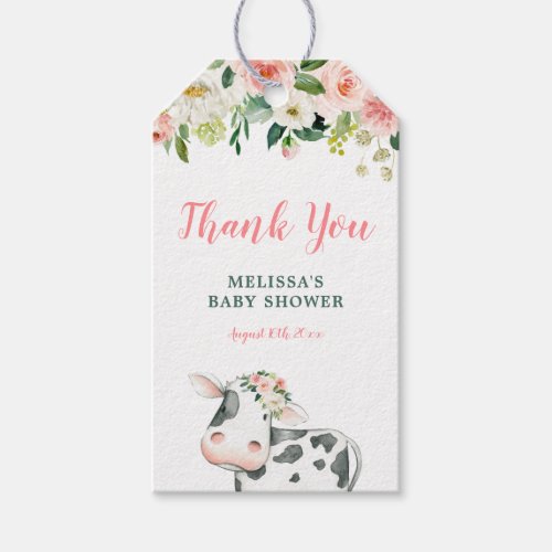 Pink Gold Floral Cow Girl Baby Shower Thank You Gift Tags