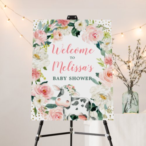 Pink Gold Floral Cow Girl Baby Shower Welcome Foam Board